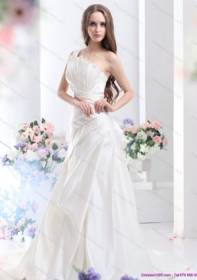 Cheap Pleated One Shoulder White Wedding Dresses with Brush Train