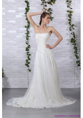 2015 Cheap Ruffled White Strapless Wedding Gowns with Brush Train