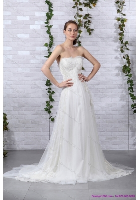 2015 Cheap Ruffled White Strapless Wedding Gowns with Brush Train