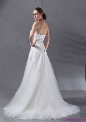 2015 Cheap White Strapless Wedding Dresses with Brush Train and Appliques