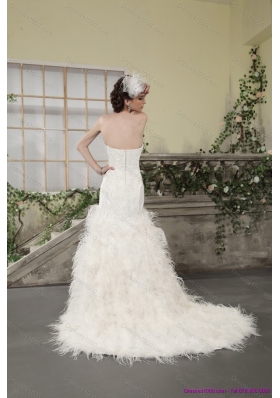 2015 New Style Strapless Wedding Dress with Lace and  Feather