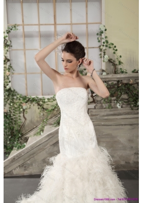 2015 New Style Strapless Wedding Dress with Lace and  Feather