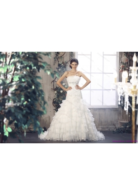 Cheap 2015 Strapless White Bridal Gowns with Ruffled Layers and Court Train