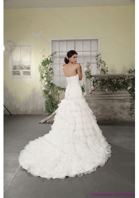 Cheap 2015 Strapless White Bridal Gowns with Ruffled Layers and Court Train