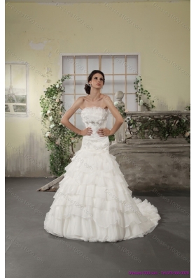 Cheap 2015 Strapless White Bridal Gowns with Ruffled Layers and Court Train