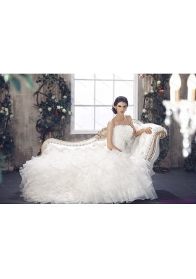 Cheap 2015 Strapless White Bridal Gowns with Ruffled Layers and Court Train