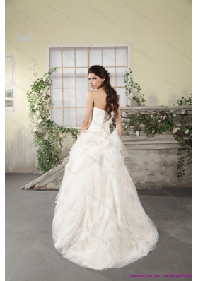 Cheap Ruffled Strapless White Wedding Dresses with Brush Train