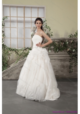 Cheap Ruffled Strapless White Wedding Dresses with Brush Train