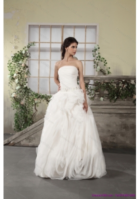 Cheap Ruffled Strapless White Wedding Dresses with Brush Train