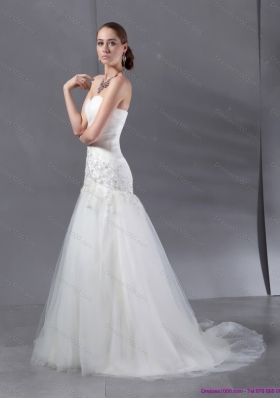 Cheap Ruffled White Wedding Dresses with Sequins and Brush Train