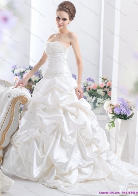 Cheap White Brush Train Bridal Dresses with Pick Ups and Sequins