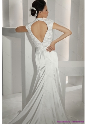 Cheap White High Neck Wedding Dresses with Cathedral Train and Beading