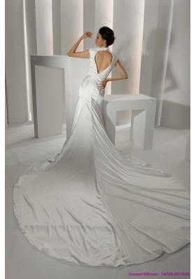 Cheap White High Neck Wedding Dresses with Cathedral Train and Beading