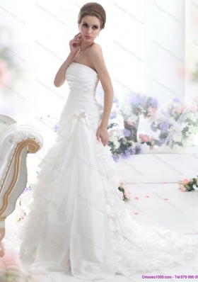 Cheap White Strapless Bridal Gowns with Ruffled Layers and Brush Train