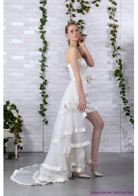 Cheap White Strapless Wedding Dresses with Brush Train and Bowknot