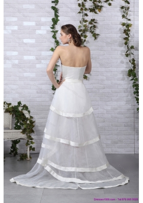 Cheap White Strapless Wedding Dresses with Brush Train and Bowknot