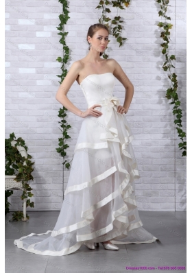 Cheap White Strapless Wedding Dresses with Brush Train and Bowknot