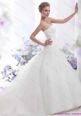 Cheap White Strapless Wedding Dresses with Sequins and Brush Train