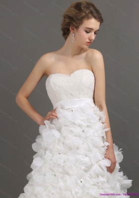 Cheap White Sweep Train Ruffled Wedding Dresses with Beading