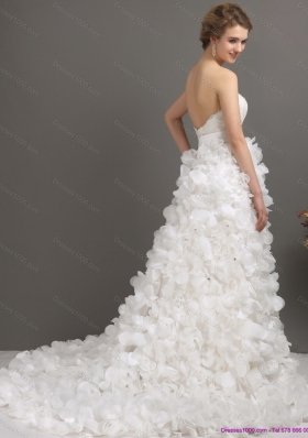 Cheap White Sweep Train Ruffled Wedding Dresses with Beading