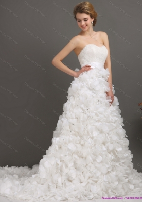 Cheap White Sweep Train Ruffled Wedding Dresses with Beading