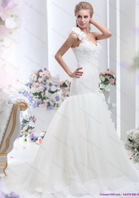 2015 Elegant One Shoulder Wedding Dress with Hand Made Flowers