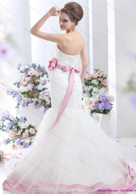 2015 Fashionable Strapless Mermaid Wedding Dress with Ruching and Hand Made Flowers