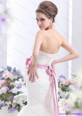 2015 Fashionable Strapless Mermaid Wedding Dress with Ruching and Hand Made Flowers