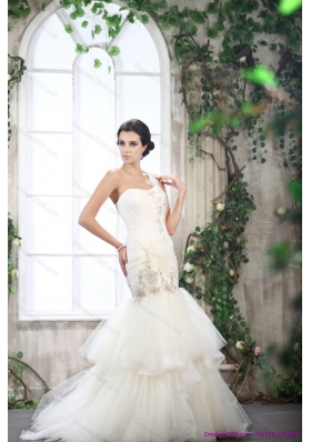 2015 Luxurious One Shoulder Wedding Dress with Beading and Ruching