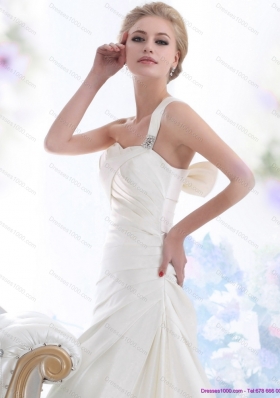 2015 One Shoulder Wedding Dresses with Ruching and Bowknot