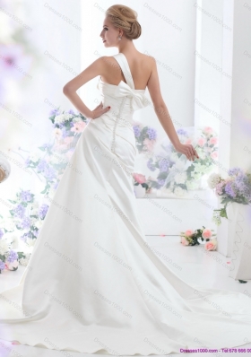 2015 One Shoulder Wedding Dresses with Ruching and Bowknot