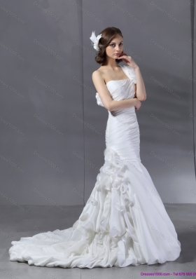 Ruching One Shoulder White  Bridal Gowns with Hand Made Flower