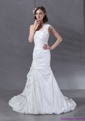 Ruching One Shoulder White  Bridal Gowns with Hand Made Flower