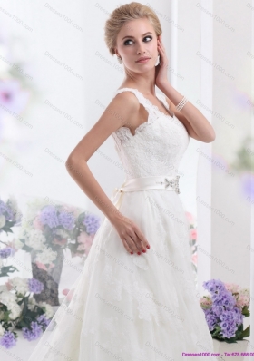 New Style Brush Train White Wedding Dresses with Lace and Beading