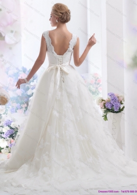 New Style Brush Train White Wedding Dresses with Lace and Beading