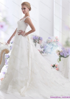 New Style Brush Train White Wedding Dresses with Lace and Beading