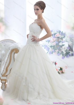 New Style Ruffled White Strapless Wedding Dresses with Sash and Bownot