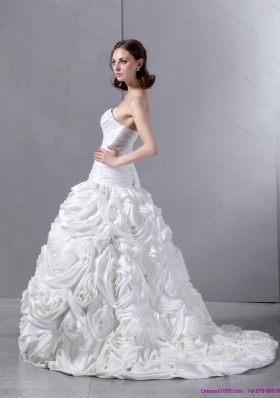 New Style White Sweetheart Wedding Dresses with Hand Made flowers and Brush Train