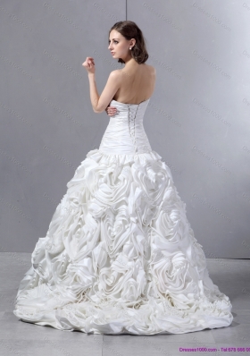 New Style White Sweetheart Wedding Dresses with Hand Made flowers and Brush Train