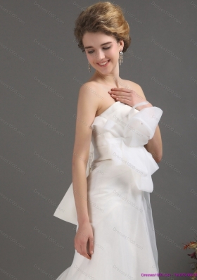 Ruffles Strapless Bownot White Wedding Dresses with Brush Train