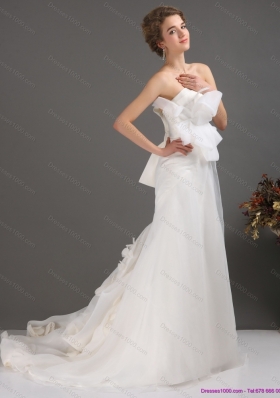 Ruffles Strapless Bownot White Wedding Dresses with Brush Train