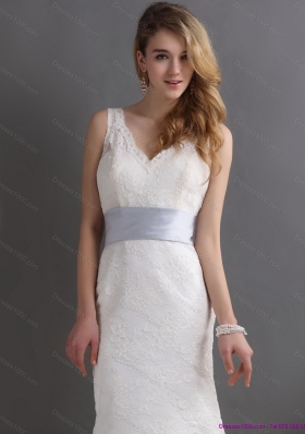 2015 Classical V Neck Lace and Sash Wedding Dress