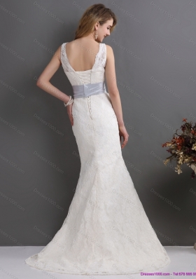 2015 Classical V Neck Lace and Sash Wedding Dress