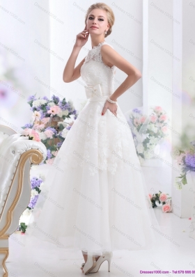 2015 Cute Scoop Ankle Length Wedding Dresses with Lace and Bowknot