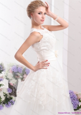 2015 Cute Scoop Ankle Length Wedding Dresses with Lace and Bowknot