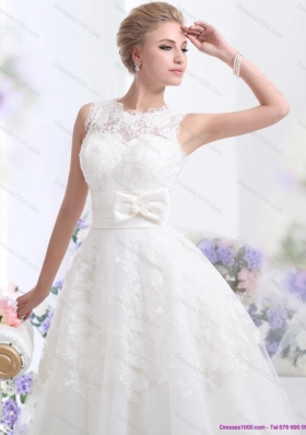 2015 Cute Scoop Ankle Length Wedding Dresses with Lace and Bowknot