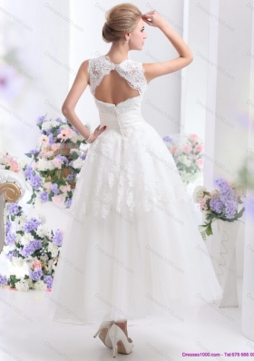 2015 Cute Scoop Ankle Length Wedding Dresses with Lace and Bowknot