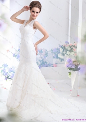 2015 Gorgeous Lace White Wedding Dresses with Brush Train