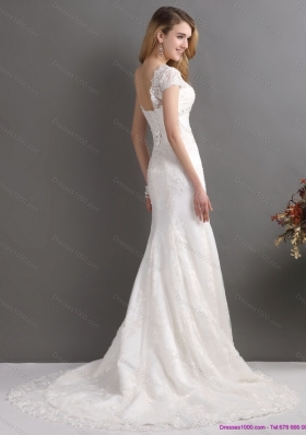 2015 Luxurious Bateau Wedding Dress with Lace and Beading