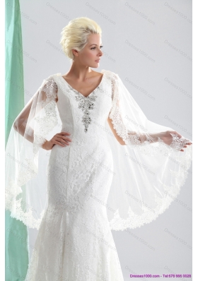 2015 Luxurious V Neck Wedding Dress with Lace and Appliques